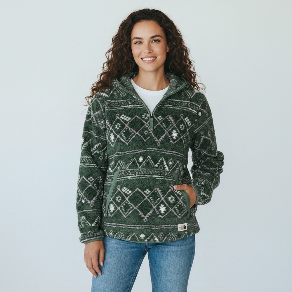 The North Face Womens Green Fair Isle Fleece Hoodie Quarter Zip NF0A5GMR XL